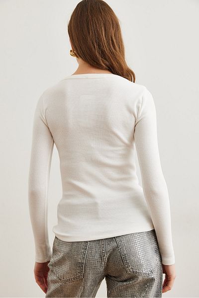 Olalook Women's Ecru Boat Neck Ribbed Stretchy Cotton Blouse Blz- 19002795
