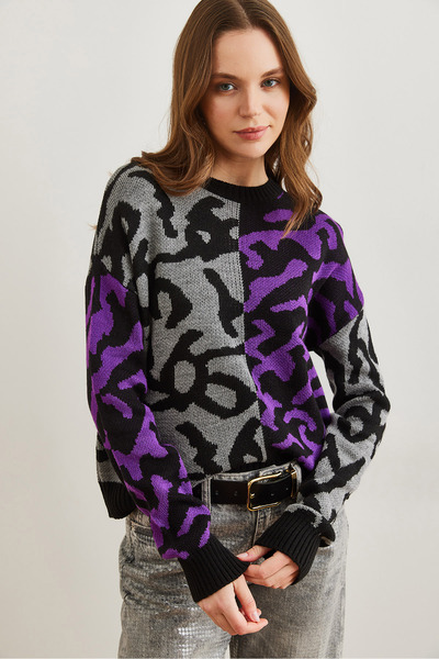 Olalook Kadın Mor Leopar Bloklu Triko Kazak KZK-19000832