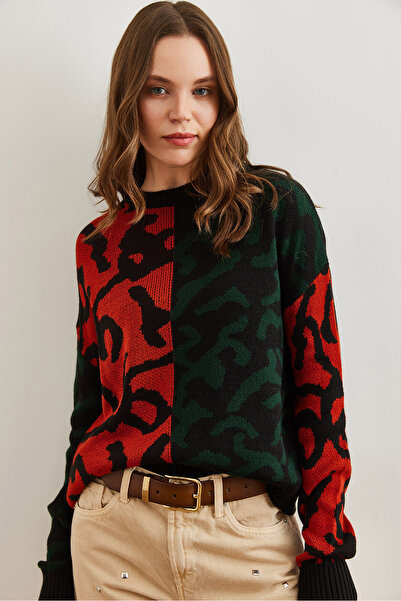 Olalook Kadın Zümrüt Yeşili Leopar Bloklu Triko Kazak KZK-19000832