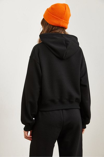 Olalook Schwarzes Damen-Sweatshirt mit Waffelmuster und Kapuze – SWT- 19000708