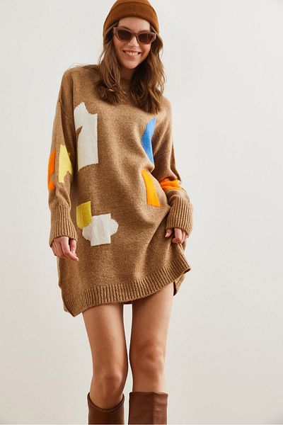 Olalook Women's Camel Geometric Print Knitwear Tunic Dress Elb- 19002315