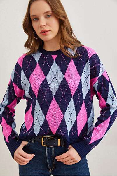 Olalook Women's Navy Blue Diamond Patterned Crop Sweater Kzk- 19000910