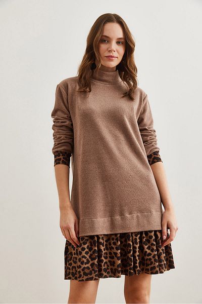 Olalook Women Camel Leopard Garnished Thessaloniki Dress Elb- 19000965