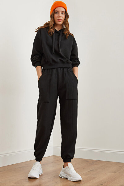 Olalook Black Waffle Jogger Women's Sweatpants with Pockets Essf- 00000079