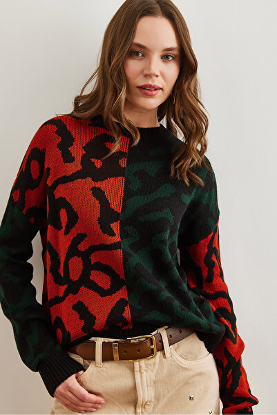 Olalook Kadın Zümrüt Yeşili Leopar Bloklu Triko Kazak KZK-19000832