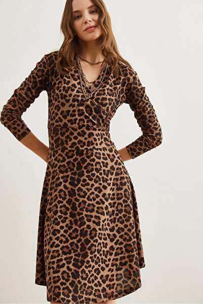 Olalook Kadın Leopar Kahve Kruvaze Örme Elbise ELB-19000962