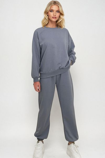 Trend Alaçatı Stili Graues Damen-Trainingsanzug-Set mit Rundhalsausschnitt und elastischen Beinen – ALC-507-669-001