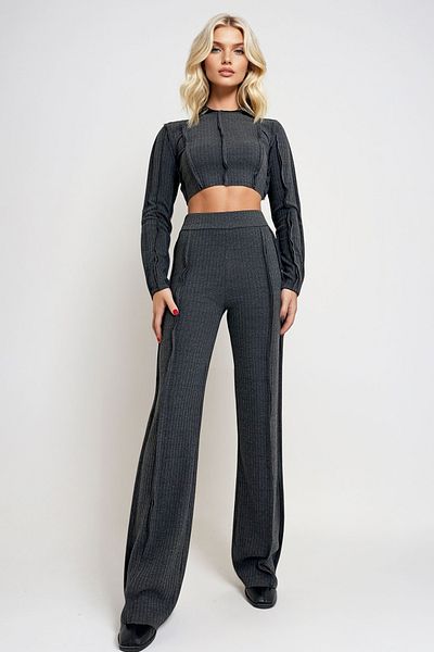 Trend Alaçatı Stili Női antracit nyakú, söpredék varrás, részletes Crop blúz és Palazzo nadrág szett ALC-X13285