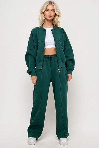 Trend Alaçatı Stili Green Women's Sweat and Grass Trousers Set - Crew Neck, 3 Thread, Zip-Up, Alc-X13284
