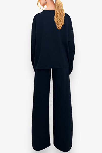 Trend Alaçatı Stili Női sötétkék nyakú, madárszem részletes izzadság és dupla zsebes nadrág szett ALC-X13283