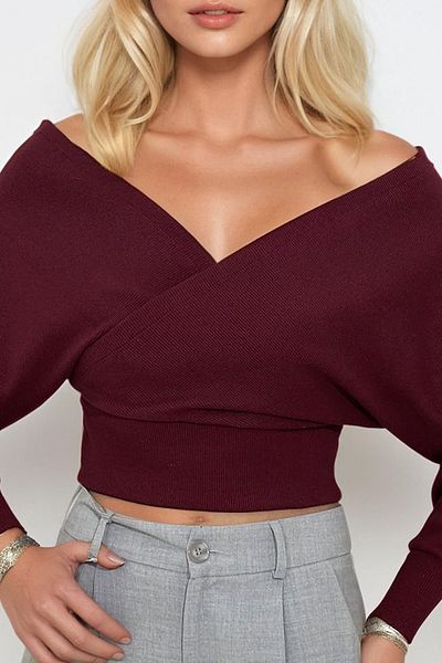 Trend Alaçatı Stili V-Neck Double Breasted Women's Blouse - Plum Alc-019-053-Blz