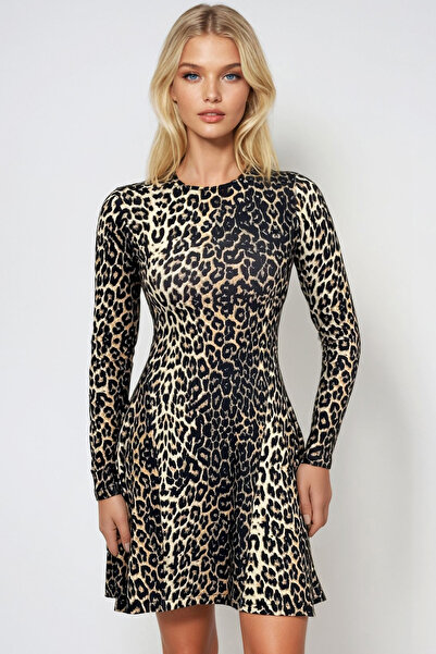 Trend Alaçatı Stili Női leopárd nyakú varrás, részletesen kiszélesedő miniruha ALC-X10883