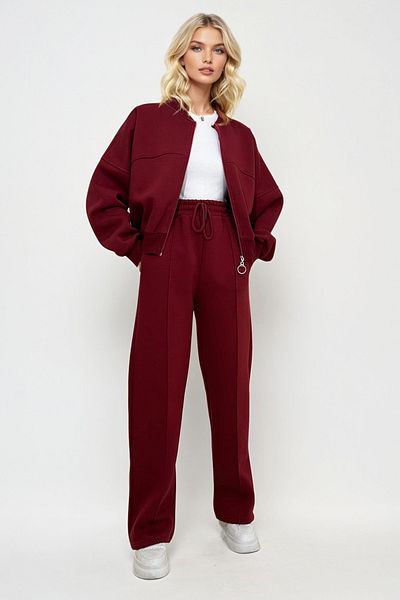 Trend Alaçatı Stili Burgundy Women's Sweat and Grass Trousers Set - Crew Neck, 3 Thread Raster, Zip-Up Alc-X13284