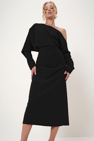 Trend Alaçatı Stili Women's Black Off-The-Shoulder Draped Maxi Length Knitted Dress Alc-X12786