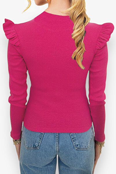 Trend Alaçatı Stili Női fukszia fodros vállú Half Fisherman pulóver ALC-X5194