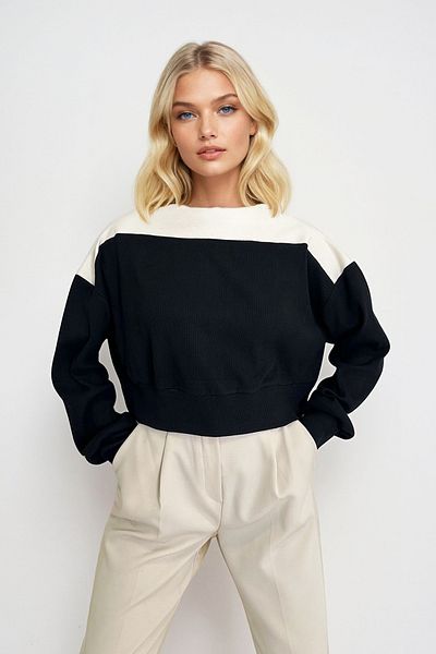 Trend Alaçatı Stili Μαύρη εκρού Colorblock Crop μπλούζα - Boat Neck, Ελαστική μέση, ALC-X12970