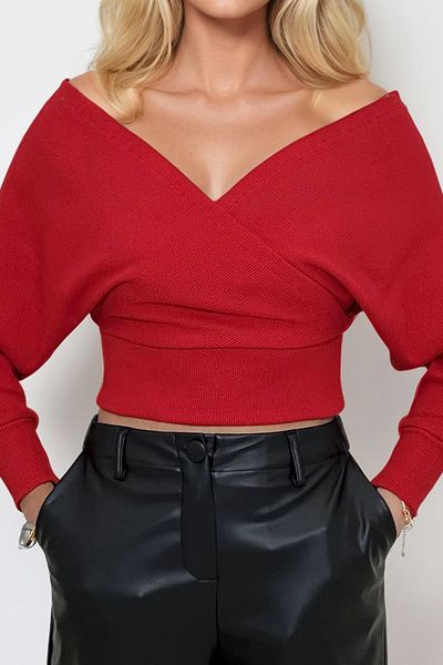 Trend Alaçatı Stili Rote zweireihige Damenbluse mit V-Ausschnitt vorne und hinten ALC-019-053-BLZ