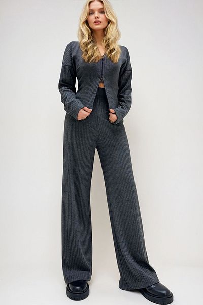 Trend Alaçatı Stili Anthracite Women &Apos; S Blouse and Palazzo Pants Set - Stand Collar, Two-Way Zipper Alc-X13286