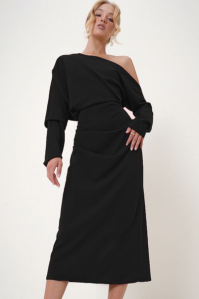 Trend Alaçatı Stili Women's Black Off-The-Shoulder Draped Maxi Length Knitted Dress Alc-X12786