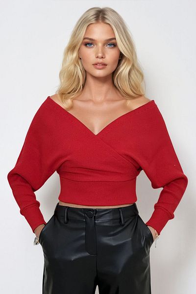 Trend Alaçatı Stili Rote zweireihige Damenbluse mit V-Ausschnitt vorne und hinten ALC-019-053-BLZ