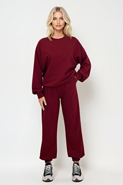 Trend Alaçatı Stili Claret Red Crew λαιμόκοψη και ελαστική μέση με δύο νήματα γυναικεία φόρμα - ALC-507-669-001