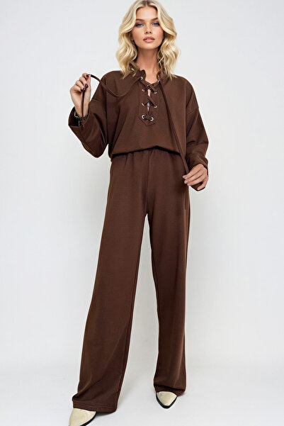 Trend Alaçatı Stili Női barna nyakú madárszem részletes izzadság és dupla zsebes nadrág szett ALC-X13283