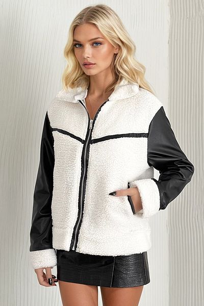 Trend Alaçatı Stili White Plush Coat - Double Pockets, Leather Garnish, Lined Alc-X13280