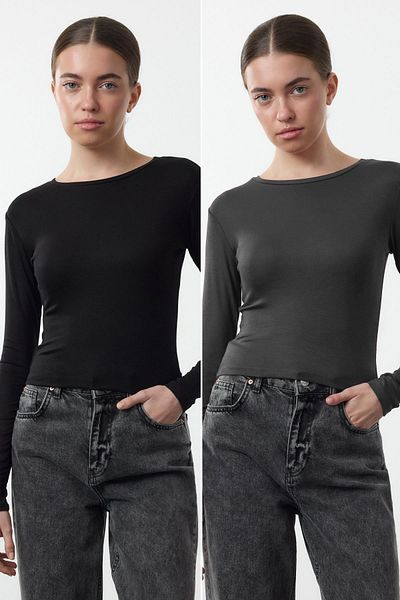 Trendyol Collection Fekete-antracit dupla csomag Crop/rövid testhezálló/alkalmas kötött blúz TWOAW25BZ00061