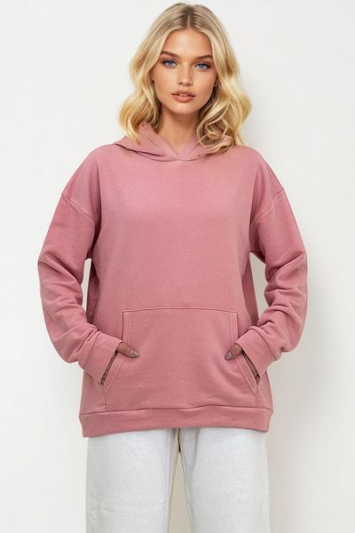 Trend Alaçatı Stili Hanorac pentru femei, roz, cu glugă, buzunar cangur, cu 3 fire groase ALC-531-009