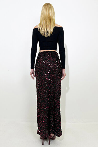Trend Alaçatı Stili Fusta de damă bordeaux cu talie înaltă cu paiete și lungime maxi ALC-X13293