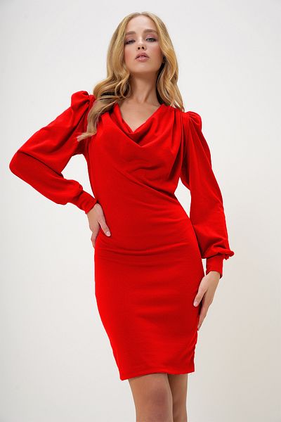 Trend Alaçatı Stili Damen-Minikleid mit rotem Degaje-Kragen und Prinzessinnenärmeln, saisonal, ALC-X13260