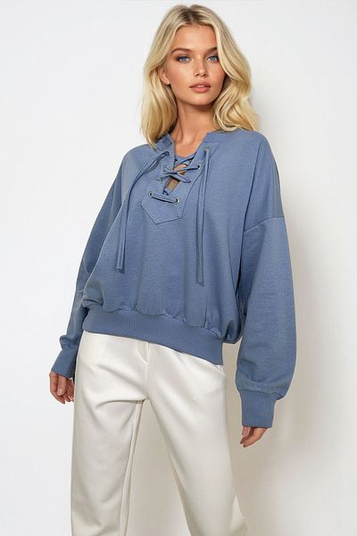Trend Alaçatı Stili Sky Blue Oversize Women's Sweatshirt - Lace-Up, Mda-1029