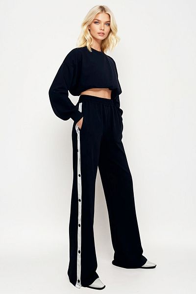 Trend Alaçatı Stili Navy Blue Double Pockets - Elastic Side Stripe Wide Leg Women's Trousers Alc-X12713
