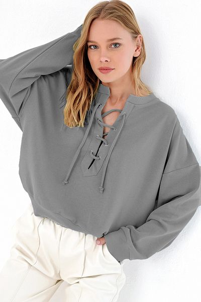 Trend Alaçatı Stili Šedá oversize mikina – šněrovací, dámská, Mda-1029