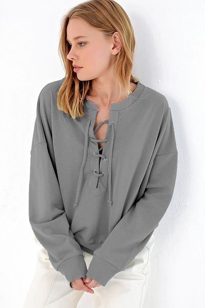 Trend Alaçatı Stili Šedá oversize mikina – šněrovací, dámská, Mda-1029
