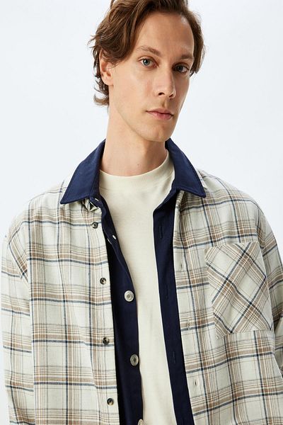 Koton Men's Beige Plaid Shirt 5Wam60157Hw