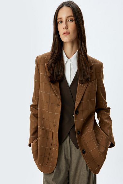 Koton Brown Plaid Women's Jacket 5Wak50119Uw