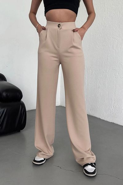 Warasiva Women's Beige High Waist Pleated Buttoned Lycra Stretchy Casual Fit Palazzo Pants