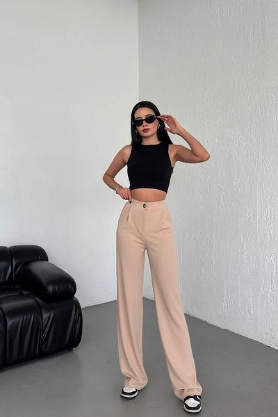 Warasiva Women's Beige High Waist Pleated Buttoned Lycra Stretchy Casual Fit Palazzo Pants