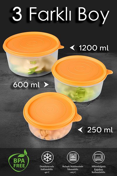 Meleni Home Round Food Storage Set of 10 - Food Container 6X250 2X600 2X1200Ml Orange Organizer Organizer