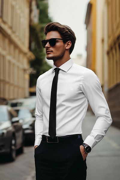Trendyol Collection Weißes, leicht zu bügelndes Oxford-Smart-Shirt mit regulärer Passform und Stickereidetails TMNAW25GO00035