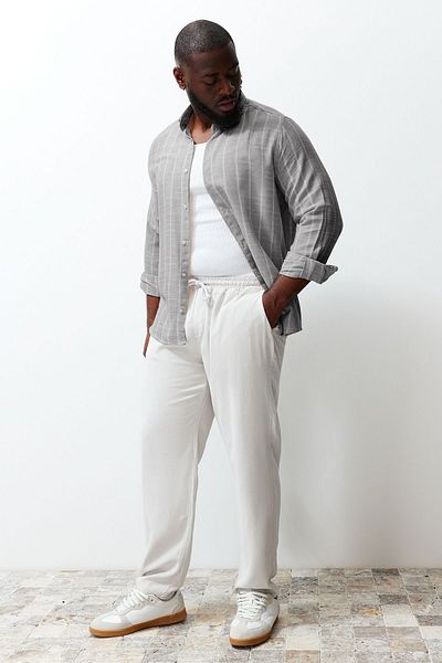 Trendyol Collection Large Size Striped Khaki Shirt - Regular Fit, Comfortable Collar TMNSS23GO00095