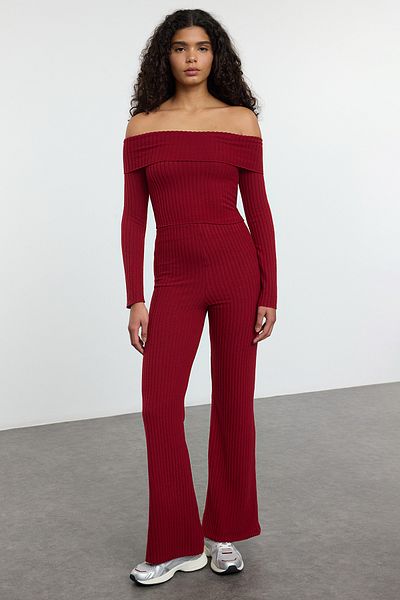Trendyol Collection Burgunderrote Strickhose mit hoher Taille, dehnbar, Twill, TWOAW25PL00111