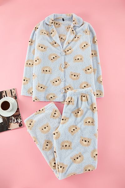 Trendyol Collection Wellsoft Winter Knitted Pajamas Set with Light Blue Teddy Bear Thmaw25Pt00054