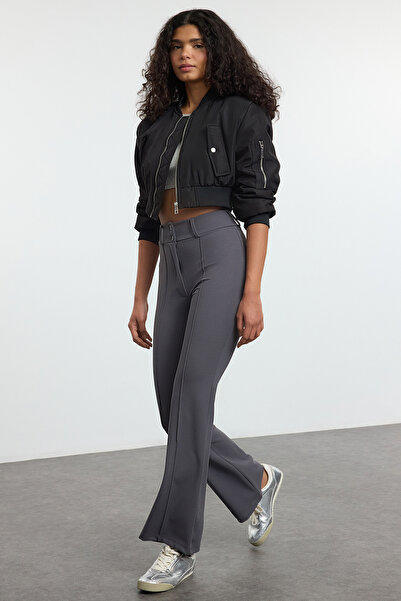 Trendyol Collection High Waist Flare Anthracite Trousers - Ribbed Detail, Spanish Leg Twoaw25Pl00071