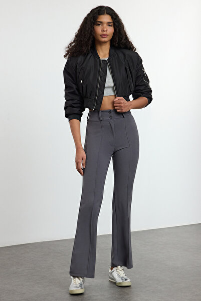 Trendyol Collection High Waist Flare Anthracite Trousers - Ribbed Detail, Spanish Leg Twoaw25Pl00071