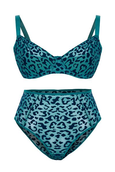 Trendyol Curve Plus-Size-Unterwäsche-Set aus Petrol-Samt mit Leopardenmuster und hoher Taille – TBBAW25DG00001