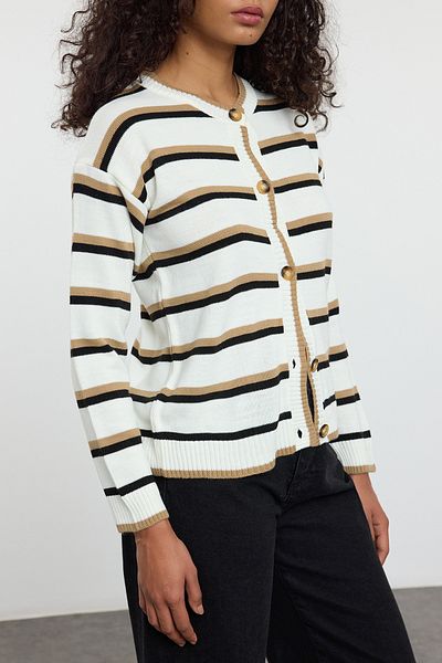 Edit by Trendyol Ecru Crew Neck Knitwear Cardigan - Color Block, Tedaw25Hi00022