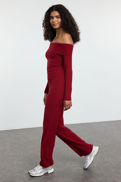 Trendyol Collection Burgunderrote Strickhose mit hoher Taille, dehnbar, Twill, TWOAW25PL00111