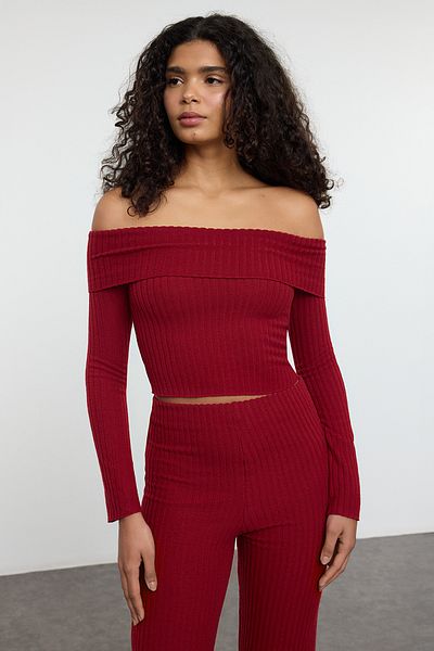 Trendyol Collection Bluză tricotată cu nervuri elastice bordeaux - guler Carmen, TWOAW25BZ00313